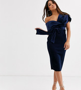Thumbnail for your product : ASOS DESIGN Petite velvet fallen shoulder midi pencil dress with tie detail