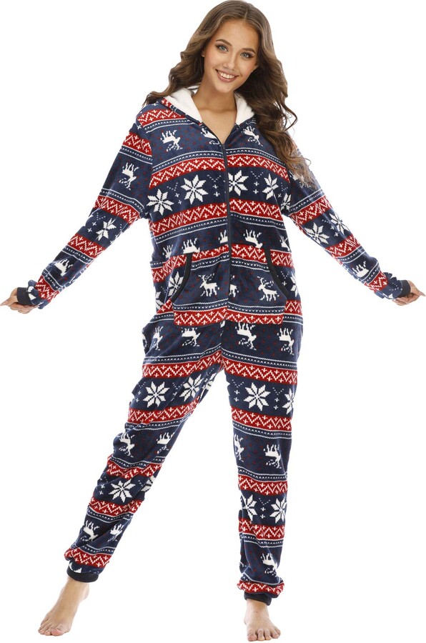 BERDITH Womens Christmas Onesies Navyblue reindeer Super Soft Fleece