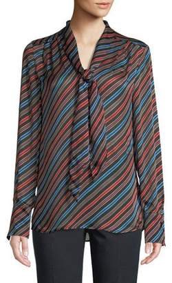 Escada Tie-Neck Long-Sleeve Striped Silk Blouse