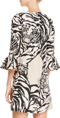 Valentino Jewel-Neck 3/4-Sleeve Tiger-Print Crepe Cocktail Dress