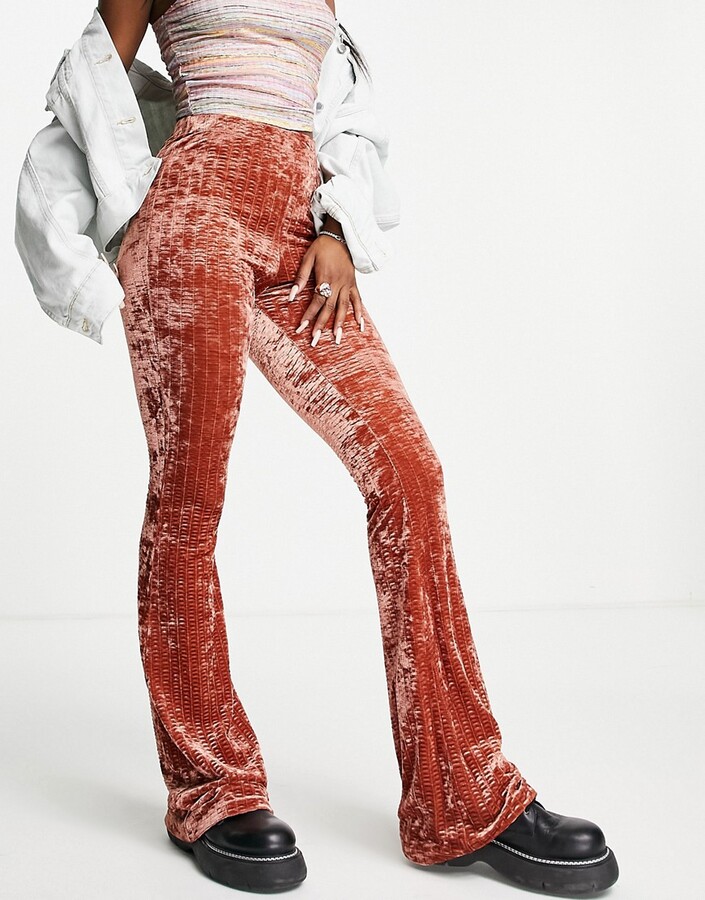 Topshop ruched velvet flared trousers in ginger ShopStyle