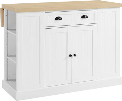 47" Fluted-Style Wooden Kitchen Island, Kitchen Countertop Storage Cabinet With Drop Leaf, Drawer, Open Shelves, Storage, White