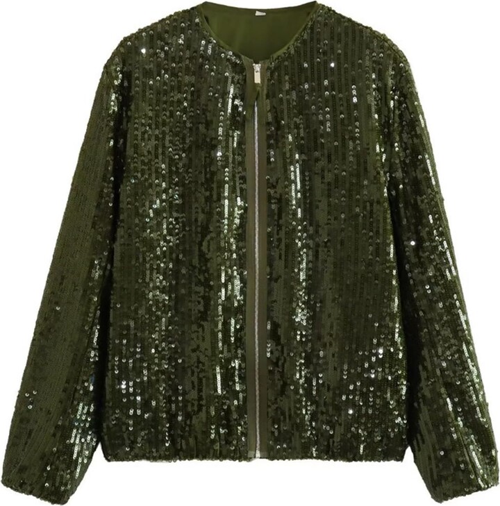 Glkaend Women's Green Sequin Bomber Jacket Long Sleeve Zipper