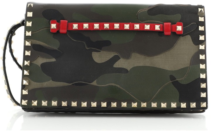 Valentino Rockstud Flap Clutch Camo Leather and Canvas - ShopStyle