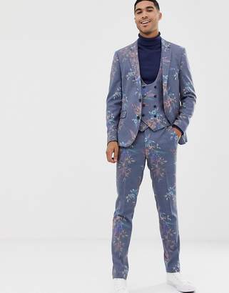 ASOS Design DESIGN skinny suit trouser in printed blue floral wool mix