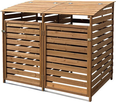 Hanover Wooden Trash and Recyclables Bin Storage Shed with Dual Front Doors and Hinged Top Lids in Brown