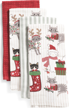 Set Of 4 Christmas Cats Kitchen Towels | Rayon/Cotton