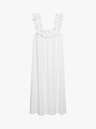 MANGO Frill Neck Cotton Midi Dress, Off White