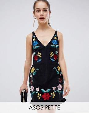 ASOS Petite DESIGN Petite mini dress in cord with floral embroidery