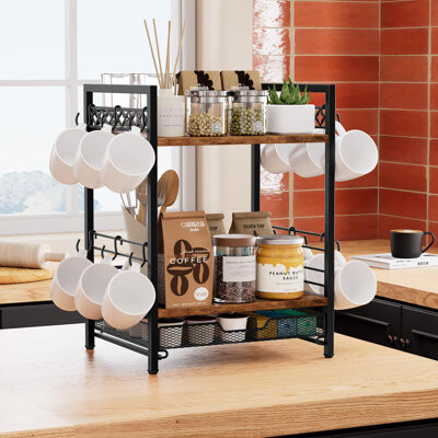 Runbang Coffee Bar Organizer Countertop, 3 Tier Mug Cup Holder Stand With 12 Hooks, 25 K Cup Coffee Pod Drawer With Mug Rack, Multifunctional Shelf For Access