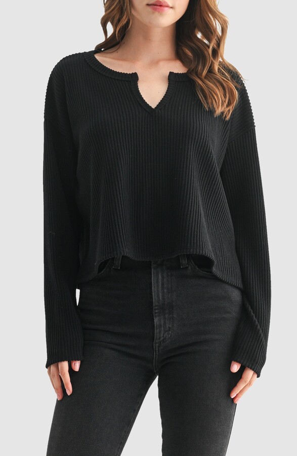 Lush Split Neck Long Sleeve Ribbed Top