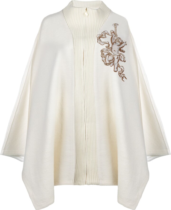 Laines London Neutrals / Gold / White Laines Couture Wool Blend Zip Cape With Embellished Cherub - Cream
