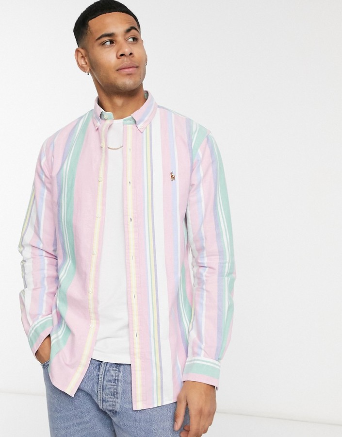 Polo Ralph Lauren player logo oxford multi stripe slim fit button down in  pink & green - ShopStyle Long Sleeve Shirts
