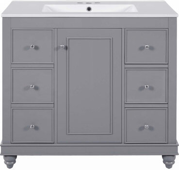 CARPET DESIGN UNLIMITED 2015 LLC Modern Gray Bathroom Vanity with Ceramic Sink, 36x18.3x34.1 inches, 4 Drawers, 1 Door, Adjustable Shelf, Solid Wood and MDF Construction