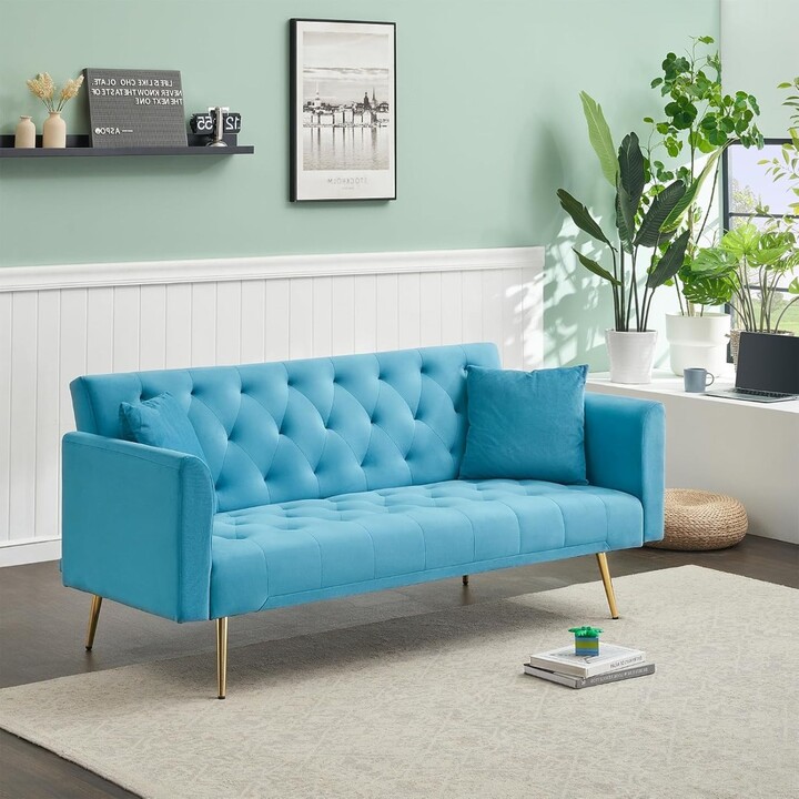 Velvet Futon Sofa Bed with 2 Pillows, Convertible Sleeper Sofa Couch with 3 Angle Adjustable Backrest, Modern Loveseat with 4 G