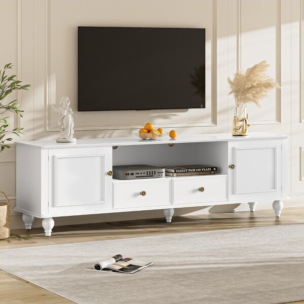 TIRAMISUBESTVintageTVStandTableEntertainmentCenterwithOpenCompartment2Drawers2Cabinets&5WoodVaseLegs