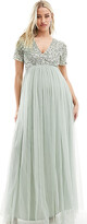Thumbnail for your product : Maya Maternity Bridesmaid short sleeve maxi tulle dress with tonal delicate sequins in sage green