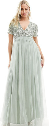 Maya Maternity Bridesmaid short sleeve maxi tulle dress with tonal delicate sequins in sage green