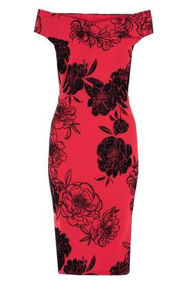 Quiz Red Glitter Flock Floral Print Bardot Midi Dress