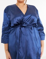 Thumbnail for your product : In The Style Plus x Lorna Luxe satin contrast trim robe with belt in navy