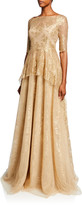 Thumbnail for your product : Rickie Freeman For Teri Jon Premier Square-Neck Elbow-Sleeve Metallic Chantilly Lace Peplum Gown