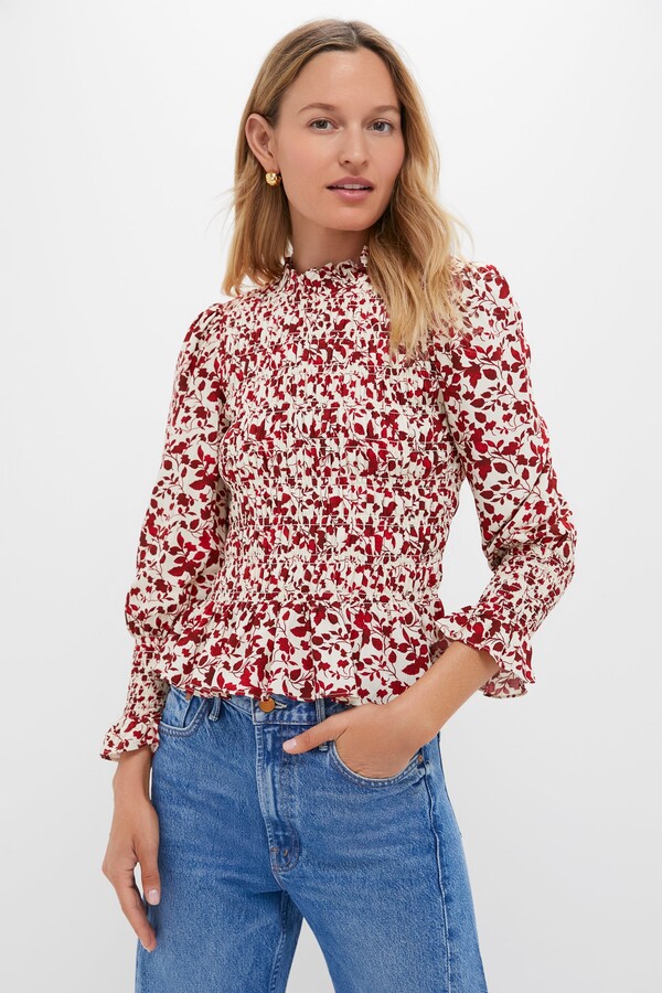 Hyacinth House Red & Cream Floral Smocked Cynthia Blouse