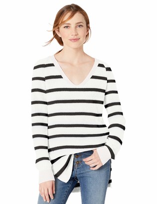 Goodthreads Cotton Half-Cardigan Stitch Deep V-Neck Sweater Pullover