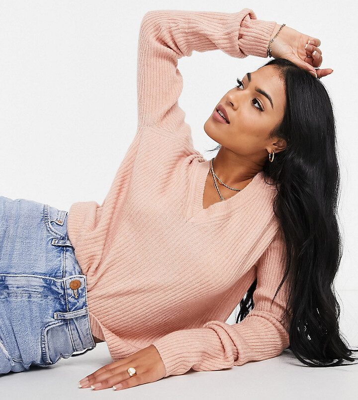 ASOS DESIGN Tall boxy sweater in v neck with rib in pink