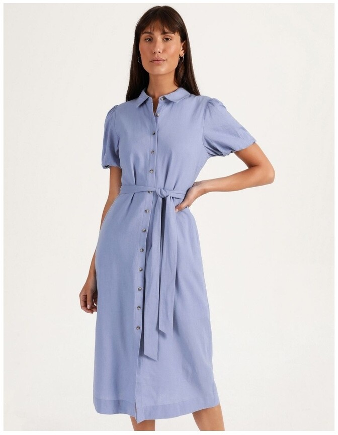 Tokito Puff Sleeve Linen Blend Midi Shirt Dress Dusty Blue - ShopStyle