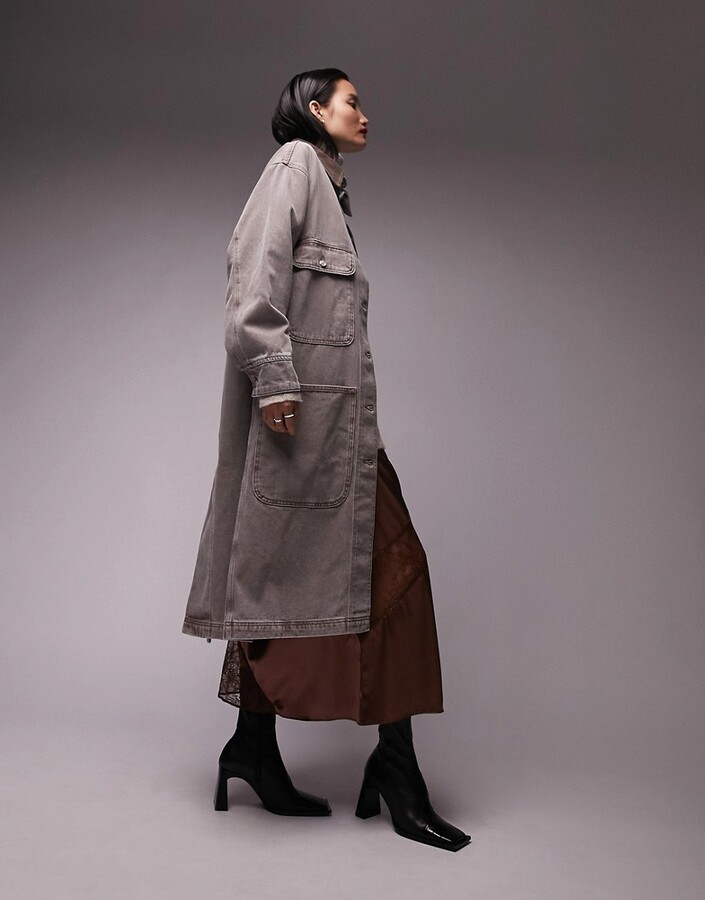 Topshop multi pocket denim duster coat in brown - ShopStyle