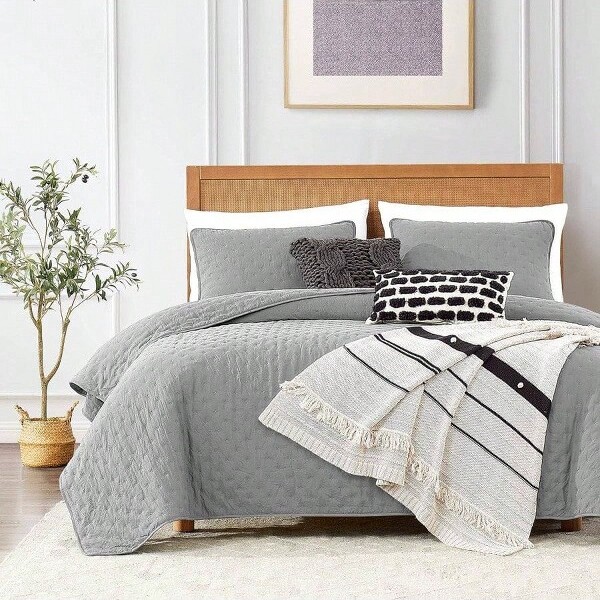 AI'MAGE LightGreyQueenQuiltSet,3-Piece,LightweightBedspread,AllSeasonGreyQueen