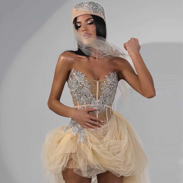 Lisong Pretty Champagne Short Prom Gown 2025 Party Dresses Beaded Lace Soft Tulle Formal Occasion Dress Custom Party Night Dress Corset
