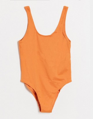 Weekday Emerald ribbed swimsuit in coral