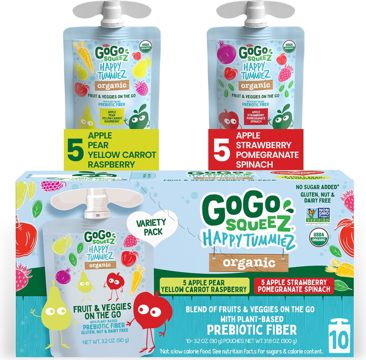 GoGo squeeZ Happy TummieZ Apple Pear Yellow Carrot Raspberry and Organic Apple Strawberry Pomegranate Spinach Snack Pouches, 3.2 oz, 10 Pack