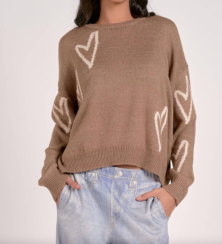 Elan International Rosen Hearts Crewneck Sweater In Macchiato