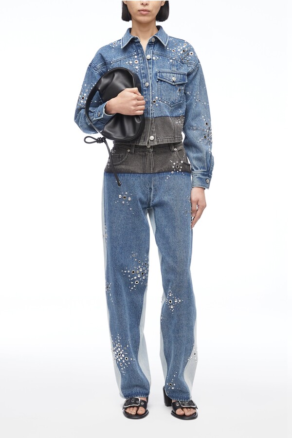 Liberty Embellished Cropped Denim Jacket in MED BLUE MULTI