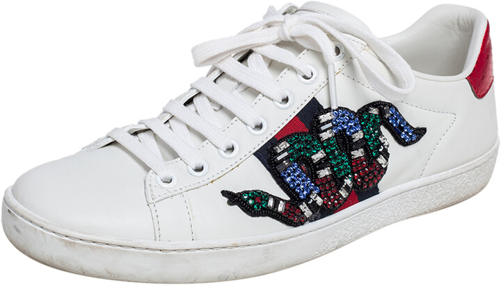 Gucci White Leather Ace Snake Crystal Embellished Low Top Sneakers Size  37.5 - ShopStyle