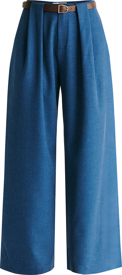 Paisie Belted Wide Leg Trousers With Box Pleats In Denim Blue