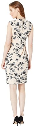 Calvin Klein Floral Print Sheath Dress w/ Ruched Neck (Blossom/Black) Women's Dress