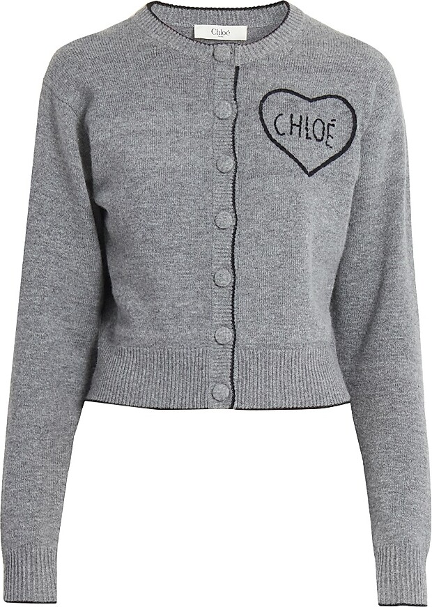 Chloé Women's Heart Logo Wool-Cashmere Cardigan - Divine Grey - Size Large