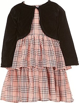 Popatu Little Girls Long-Sleeve Velvet Bolero Jacket Sleeveless Plaid Fit-And-Flare Woven Dress