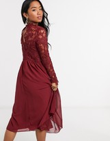 Thumbnail for your product : Chi Chi London lace long sleeve midi dress in burgundy