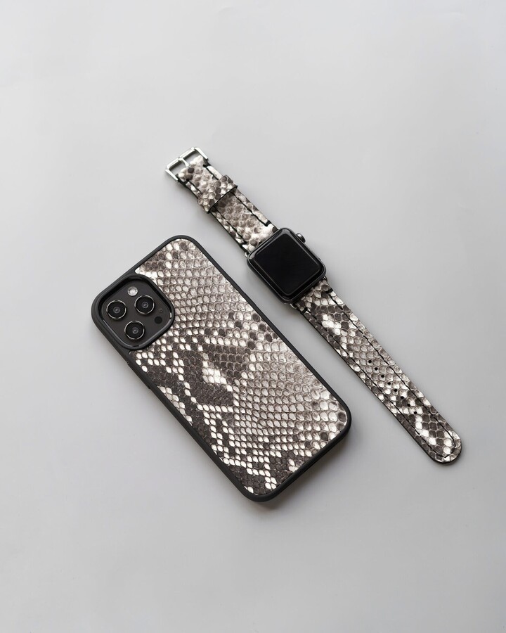 Beige Python Leather Set Of 2 Iphone 13 Pro Max Apple Watch 5, Skin For & Watch, Case