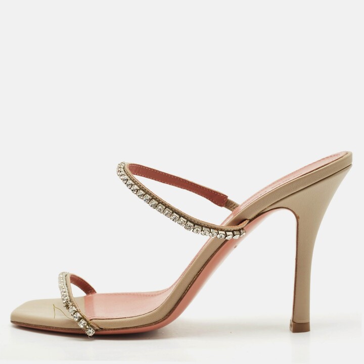 Amina Muaddi Grey Leather Crystal Embellished Gilda Slide Sandals