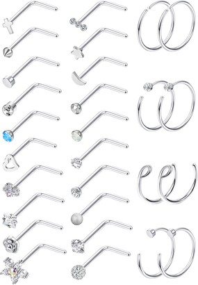 MILACOLATO 15 Pcs 20G Nose Rings Surgical Stainless Steel Nose Ring Studs L Shaped Screw Studs Rings Cubic Zirconia Nose Ring Labret Nose Piercing Jewelry for Women Men 