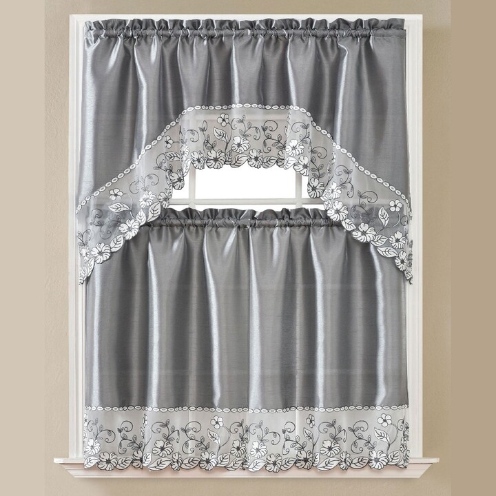 Embroidered Kitchen Curtain, Kitchen Swag Curtains Gray