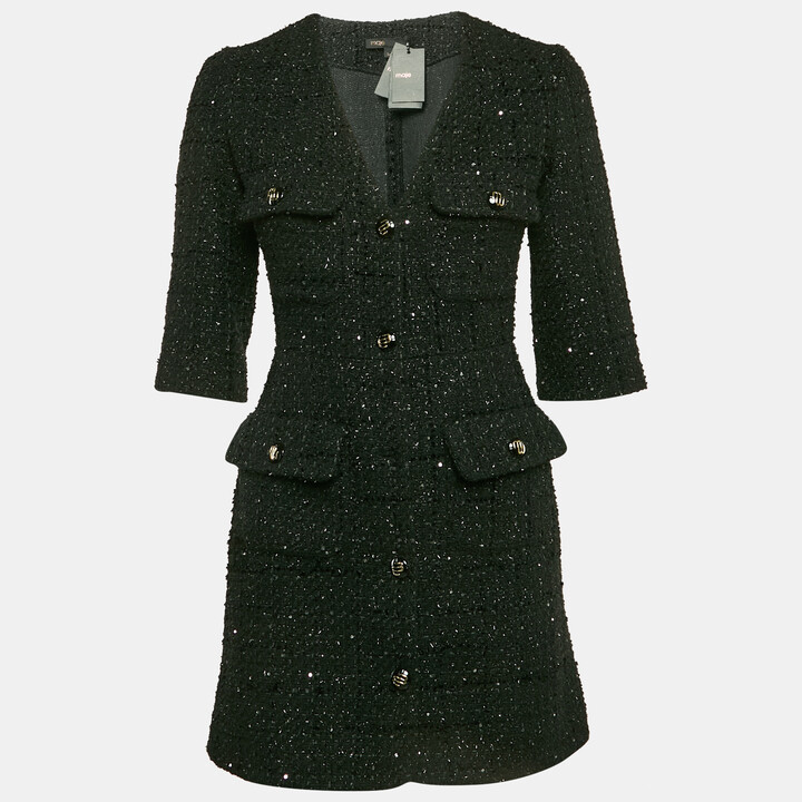 Maje Black Sequin Lurex Tweed Mini Dress XS