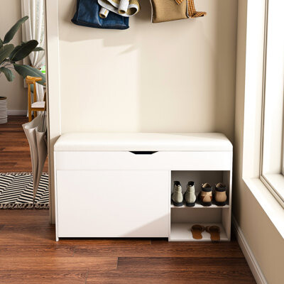 Latitude Run White Entryway Bench With Space Rotating Shoe Rack, 3 Flip-Up Drawers, Hidden Cabinet, Triple Storage, Lift-Top Compartment, Construction, Comfortable