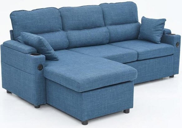 Aukfa Convertible Pull Out Sofa Bed, L-Shaped Sectional Sofa with USB Ports/Cup Holders/Storage Chaise for Living Room/Bedroom