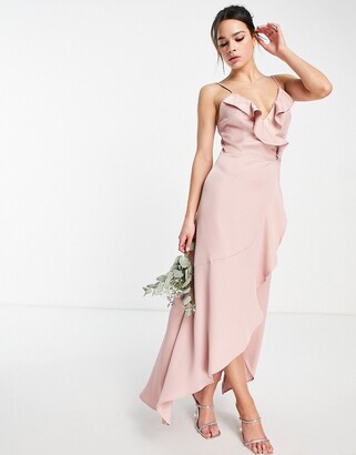 TFNC Bridesmaid satin wrap dress in dusty pink